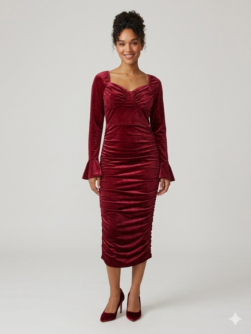 Ruche-Front Long Sleeve Velvet Midi Dress in Wine Red